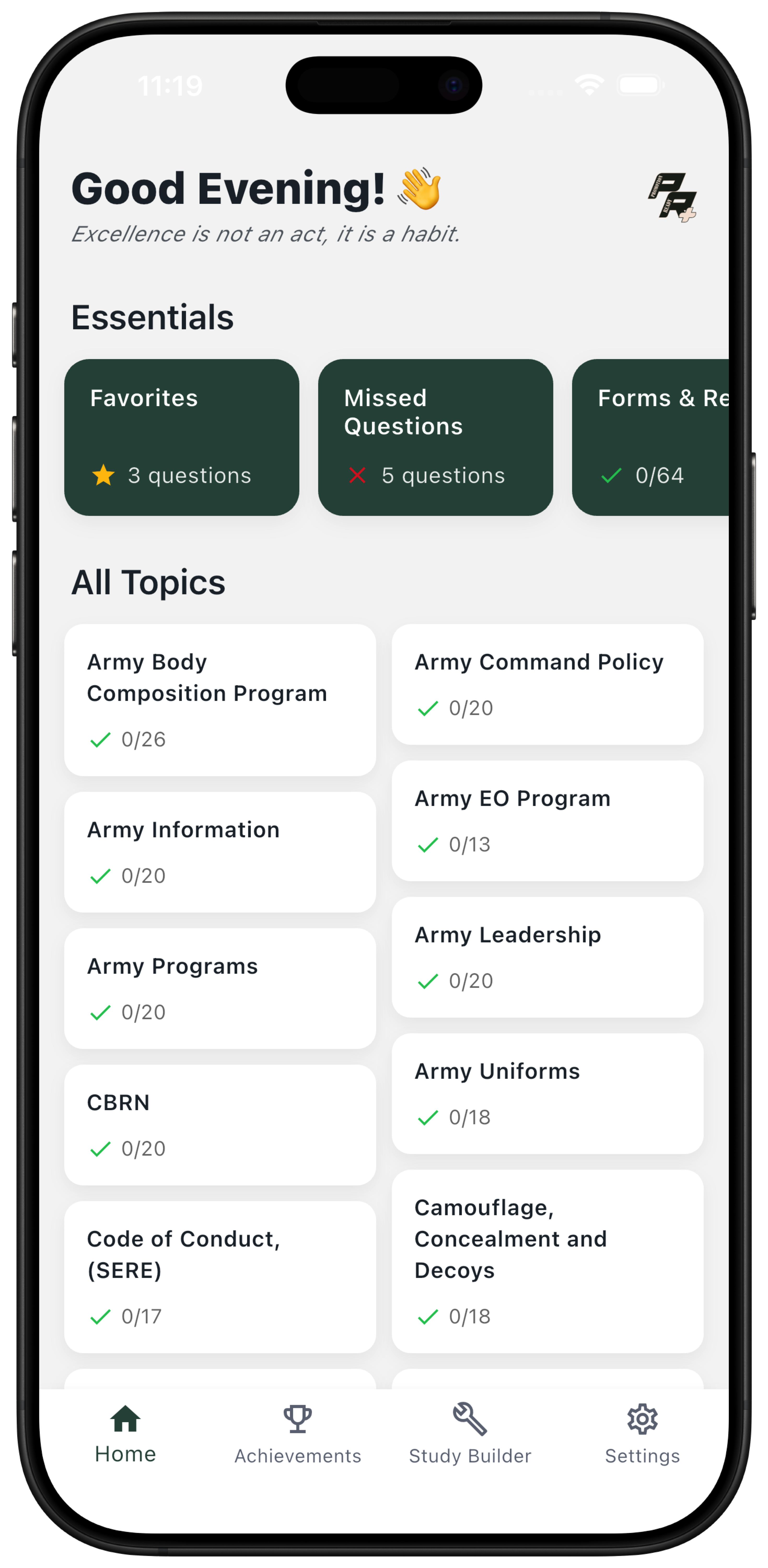 Promotion Ready app home screen showing Army promotion board study topics including Army Leadership, CBRN, Army Programs, and more
